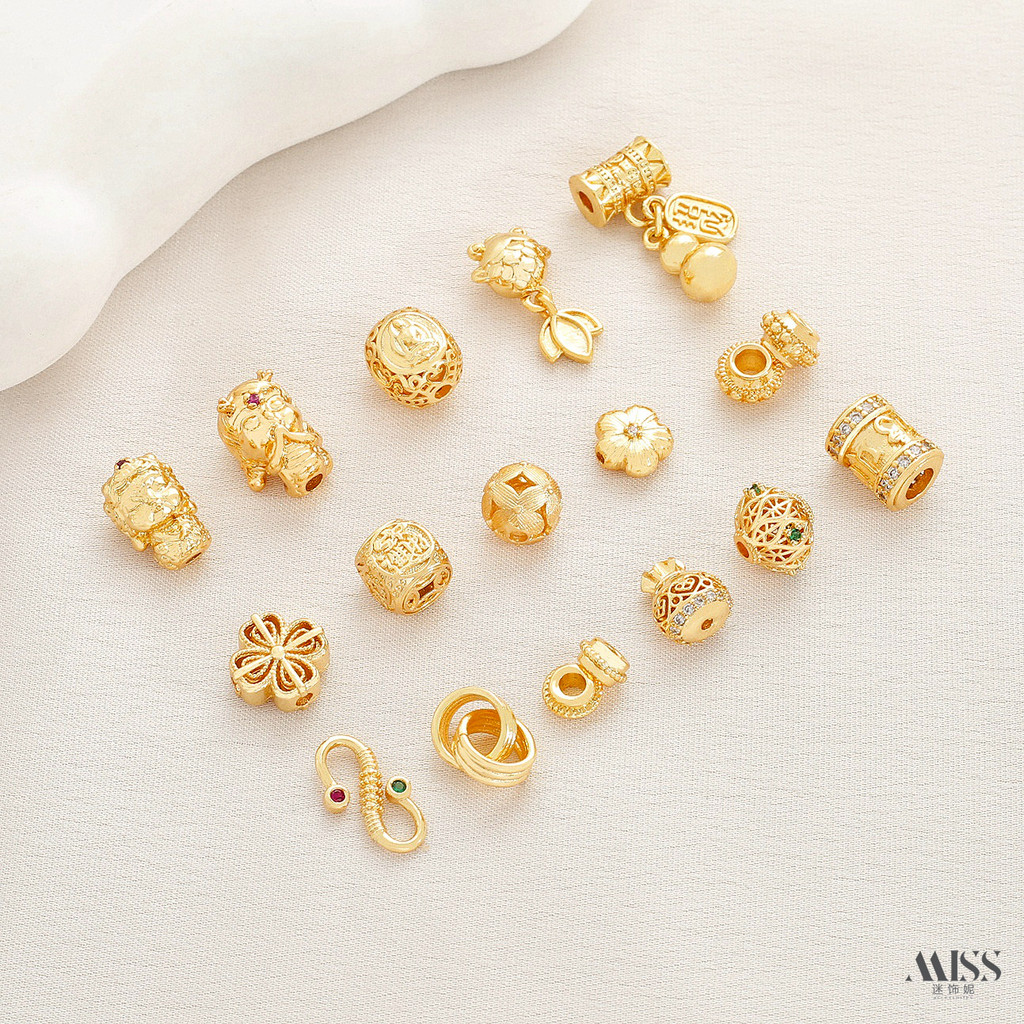 Spacer ลูกปัด 18K Clover สัญลักษณ์แห่งความโชคดี ทรงโถว พร้อมลายดอกไม้