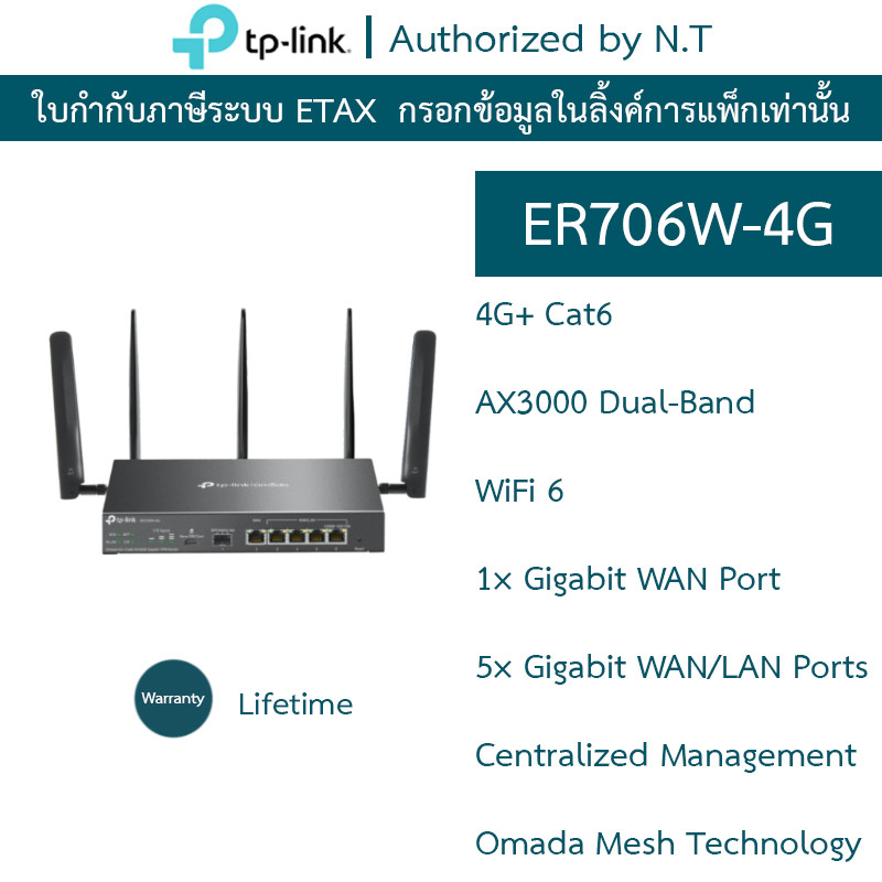 TP-LINK เราเตอร์ Omada 4G+ Cat6 AX3000 Gigabit VPN Router รุ่น ER706W-4G