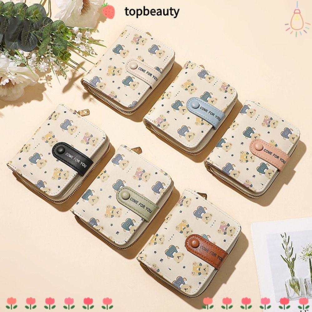 Topbeauty กระเป๋าสตางค์ใบสั้น, กระเป๋าใส่เหรียญหมีสั้น, ที่ใส่บัตรซิปหนัง PU ผู้หญิงเด็กผู้หญิง