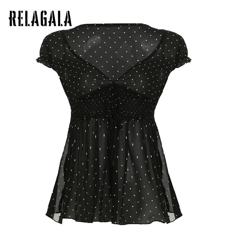 เสื้อยืดผู้หญิงลายจุด คอวี ซีทรู สไตล์เซ็กซี่ สำหรับใส่ลำลอง