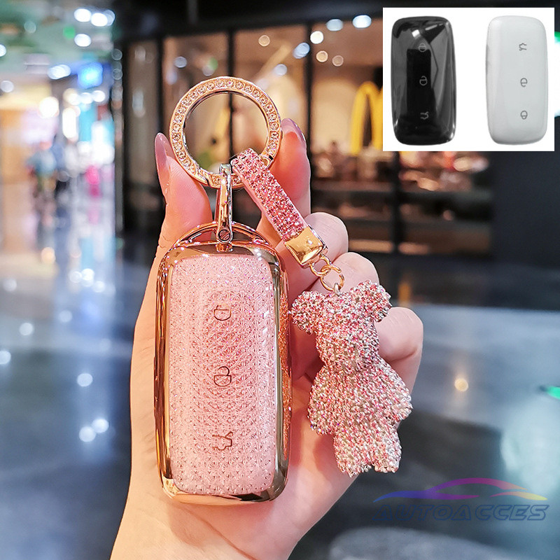 ผู้ถือกุญแจรีโมทกุญแจรถ Key Fob สําหรับ Geely EX5 Pro EX5 Max Geely EX5 SUV ev, สีชมพู/ขาว