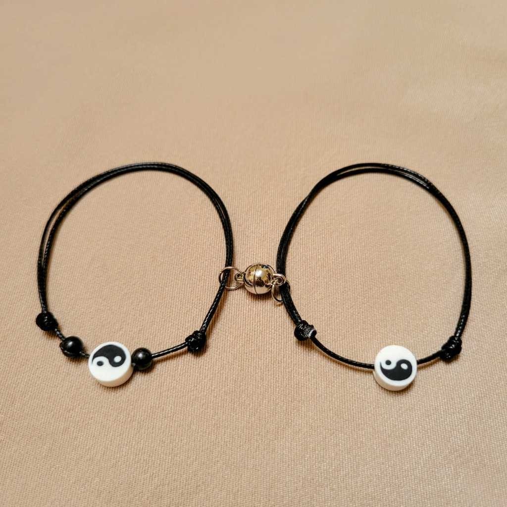 ||COUPLE Yin Yang Magnetic Bracelet ROUND BLACK STRAP 1.5 THICK Couple YIN Series