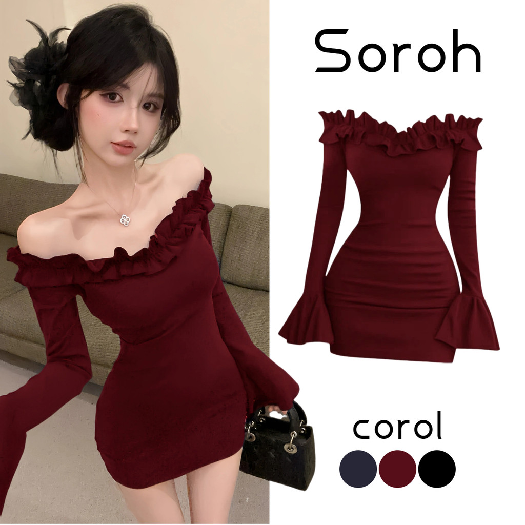 ⭐Soroh⭐เดรสออกงาน เปิดไหล่ แขนยาว ดีเทลแต่งหยักๆ เข้ารูป เดรสสั้น สไตล์เกาหลี เรียบหรูคาวาอี้#FY2993