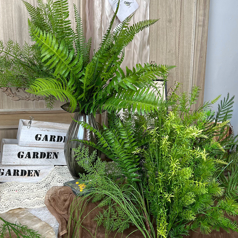 จําลองพืชสีเขียวจับมัดสาขายาวสีเขียวสีเขียวสีเขียวเฟิร์นใบพืชผนังการจัดดอกไม้ด้วยตกแต่งงานแต่งงานใบ1