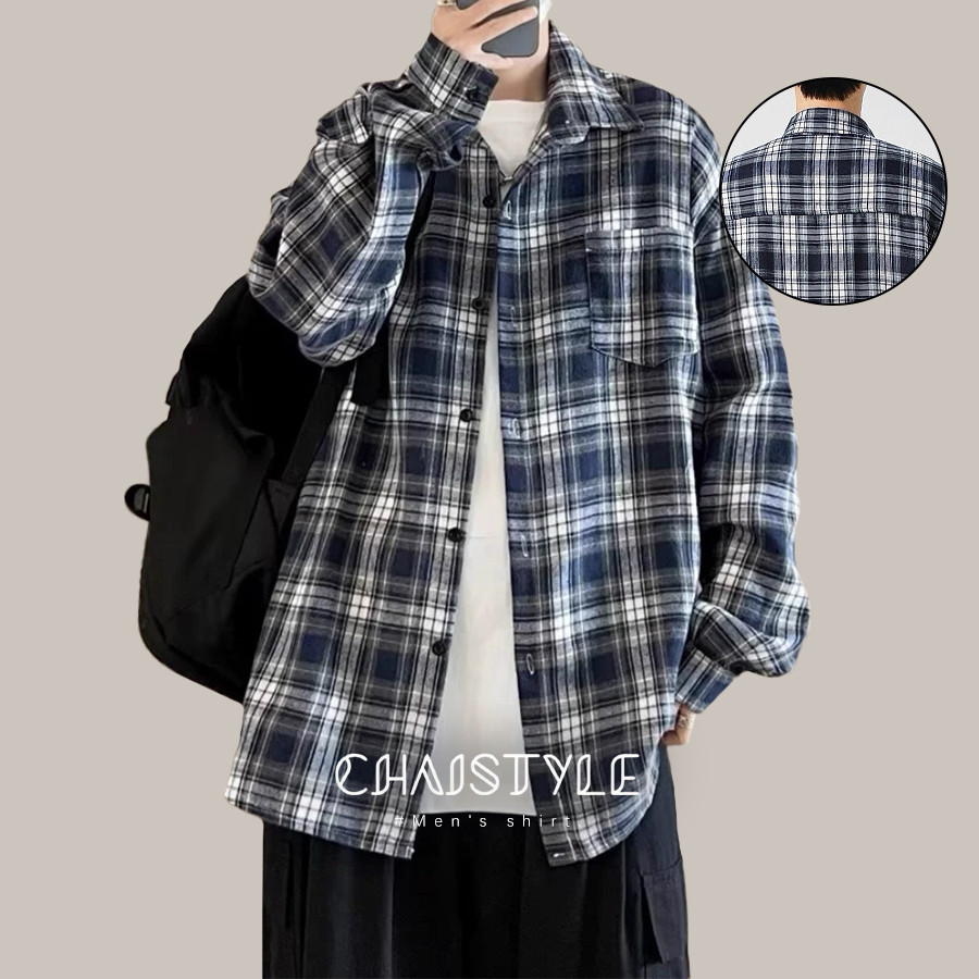 Chaistyle เสื้อเชิ๊ตผู้ชาย ลายสก็อตแขนยาว สไตล์เกาหลี อินเทรนด์ ﻿เสื้อแขนสั้น