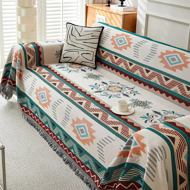Boho Cotton Linen Sofa Cover Towel Ethnic Style Geometric All-Cover Outdoor Camping Blanket Multifun
