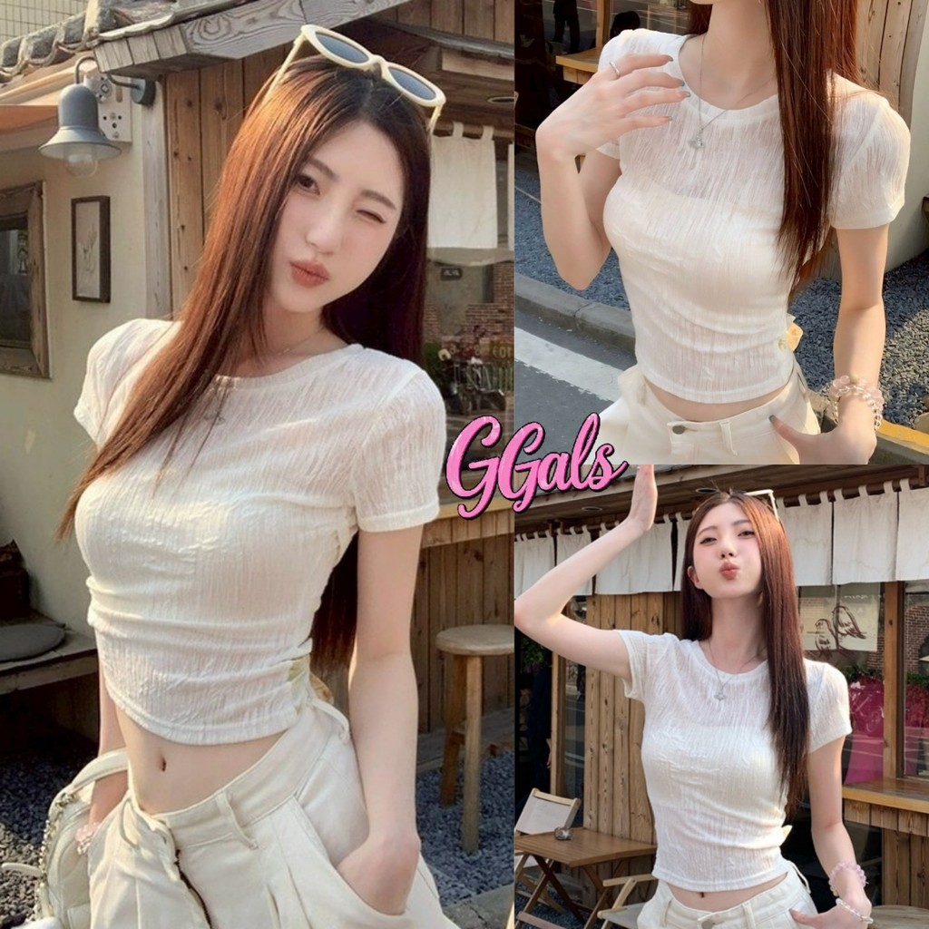🌺GGals🌺เสื้อยืดครอปสั้น คอกลม ครีม ผ้าถัก บางและเบา เสื้อยืดผู้หญิง เทรนด์เซ็กซี่ สไตล์เกาหลี