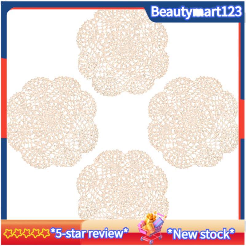 BM4PCS 8.6 นิ้ว Dohilies Crochet Cotton Crocheted Coasters (สีเบจ)