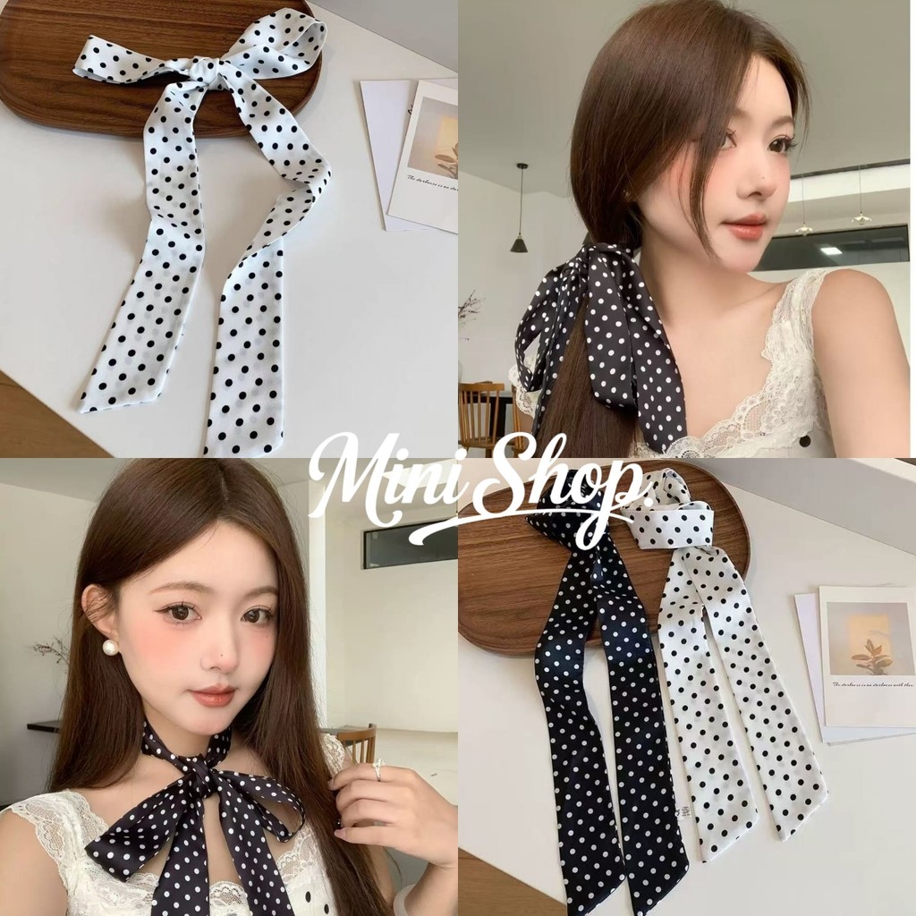 Mini shop🌸พร้อมส่ง🌸(VO-56)ริบบิ้นผูกผม นำมาใช้ได้หลายแบบ สีดำลายจุด