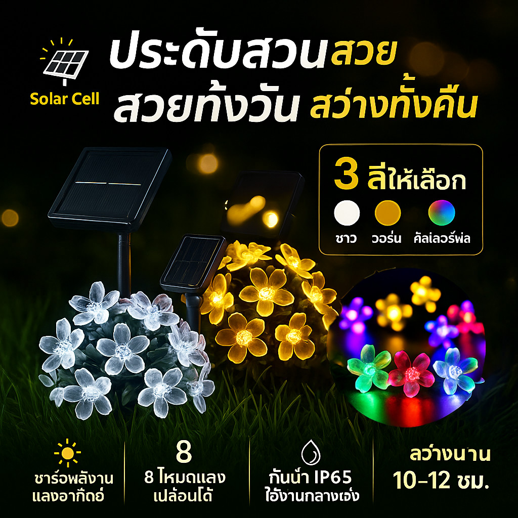 ✨ ซื้อเยอะ ยิ่งคุ้ม เลือกแสงได้ ไฟประดับ ดอกซากุระ (30/50/100 ดวง) Solar Cell กันน้ำ ใช้ง่าย ปรับได้ 8 จังหวะ – โปรปัง