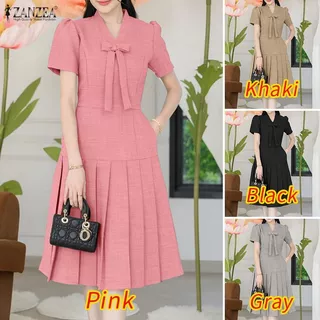 ZANZEA ผู้หญิงสํานักงานเกาหลี Elegant V คอพัฟแขน Bowknot Decor จีบ Hem Dresses