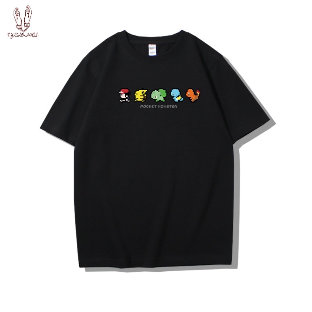 เสื้อยืดคอกลมหลวมๆ สีดำ ผ้าฝ้ายพิมพ์ลายโปเกมอน แขนสั้น สไตล์ย้อนยุคญี่ปุ่น สำหรับผู้ชาย