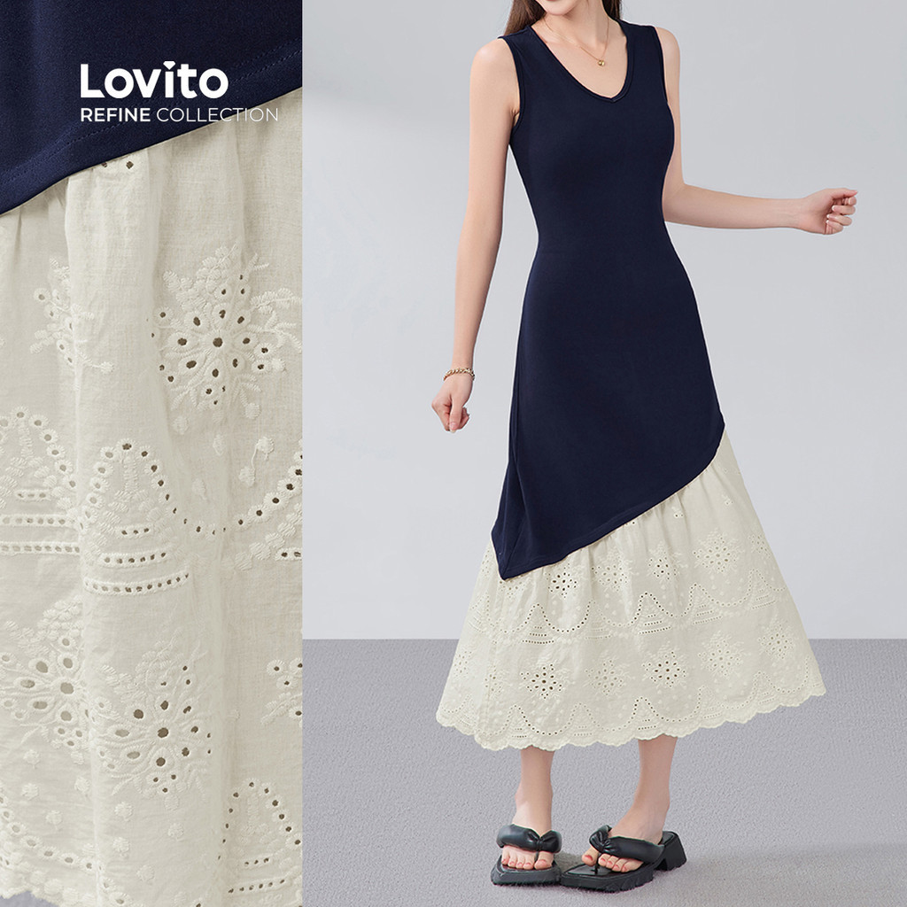 (Lovito Refine) ชุดเดรสลายลูกไม้แบบสบาย ๆ สีบล็อค ช่วงฤดูใบไม้ผลิ/ฤดูร้อน สีน้ำเงินกรมท่า LR13A020