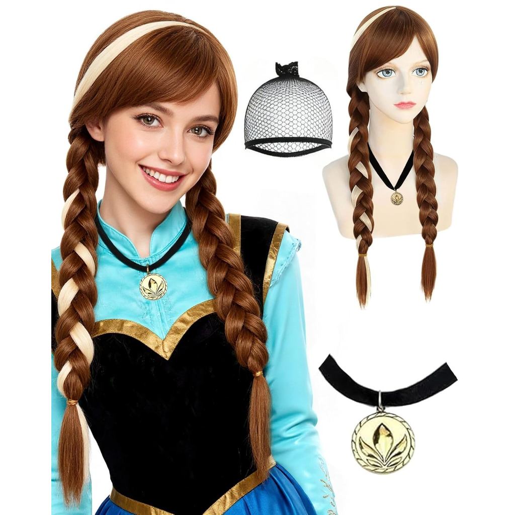 Anogol Hair Cap+ (1 Necklace) Long Brown Braided Ponytails Wig Brown Braids Princess Wigs Women Prin