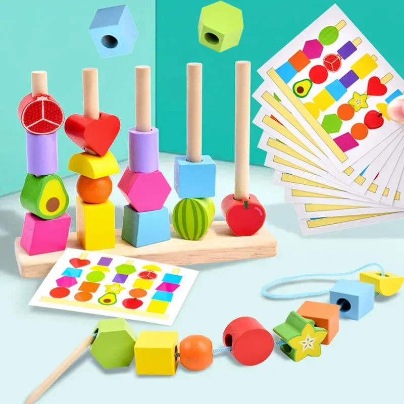 Montessori Wooden Toys Stacks Blocks Puzzle Game Colorful Beaded Fruit Color Shape Matching Early Ed