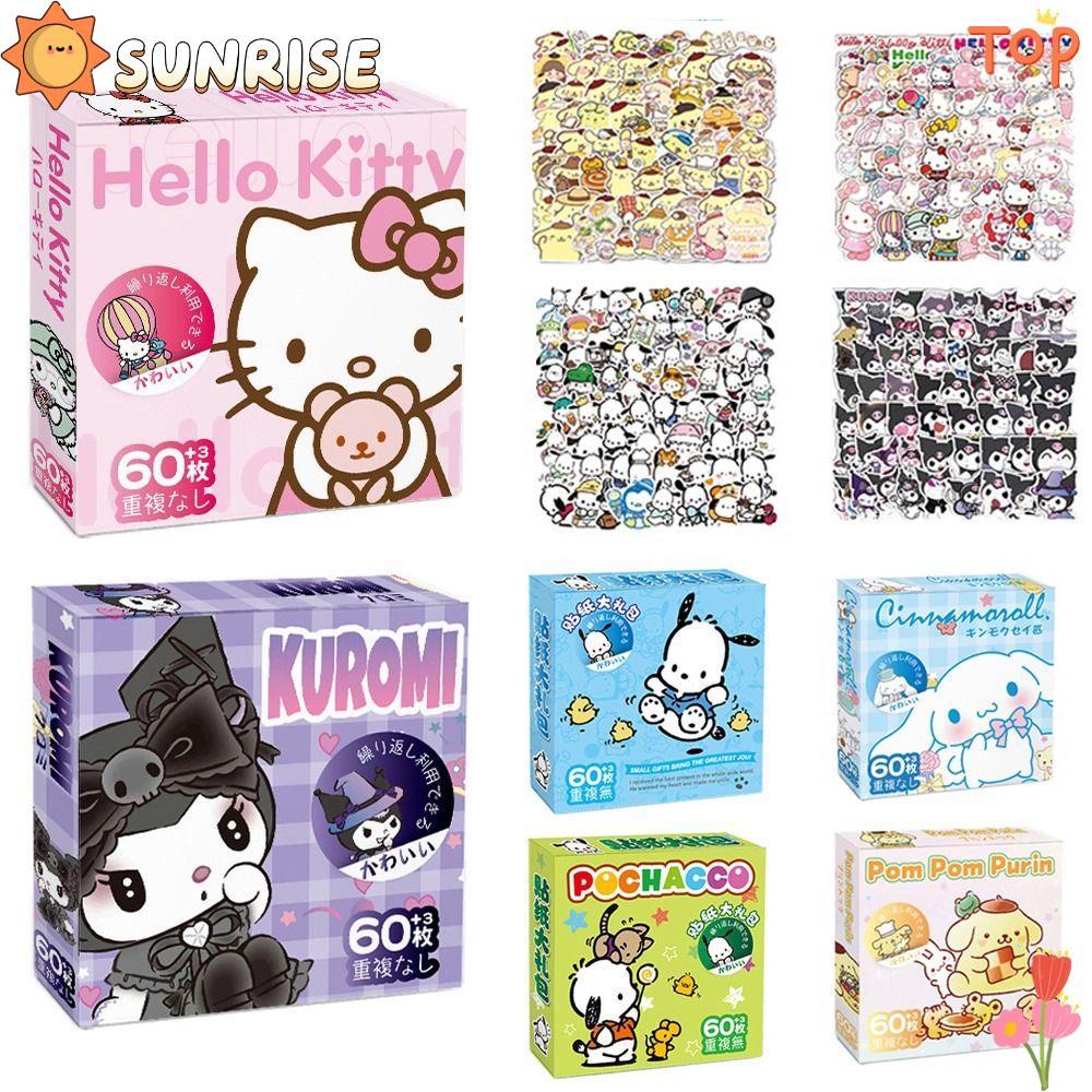 SUNRISE 60 ชิ้น/กล่อง Melody Kuromi สติกเกอร์, Cinnamoroll Pochacco Party ตกแต่งการ์ตูนสติกเกอร์, In