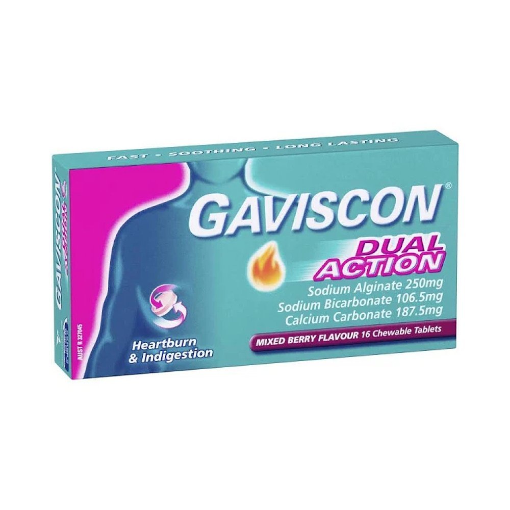 GAVISCON DUAL-EFFECT เม็ดเคี้ยวสำหรับอาการแสบร้อนในกระเพาะอาหาร รสเบอร์รี่ ขนาด 16 เม็ด