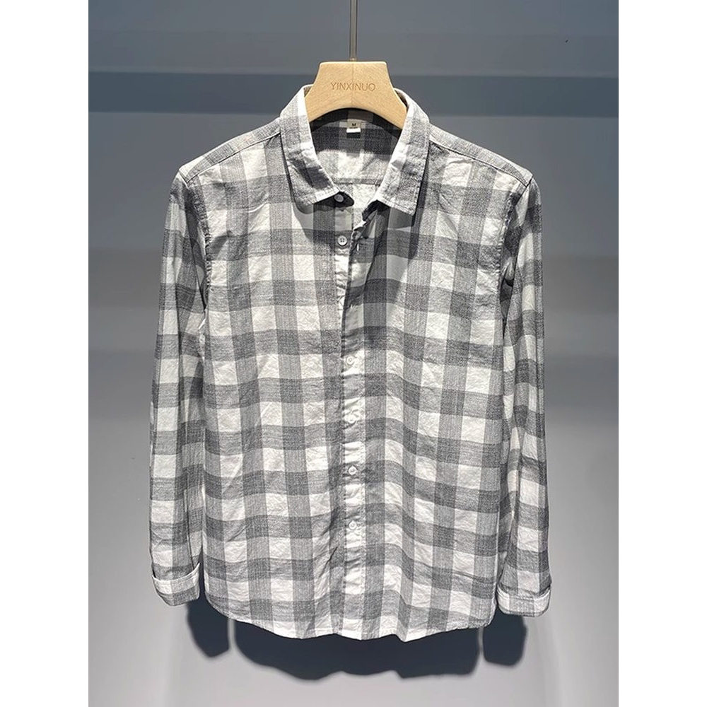 เสื้อโปโล gq เสื้อเชิ้ต เสื้อเชิ้ตลายสก็อตสีเทาและสีขาวแบบใหม่สำหรับฤดูใบไม้ผลิและฤดูใบไม้ร่วงเสื้อเ