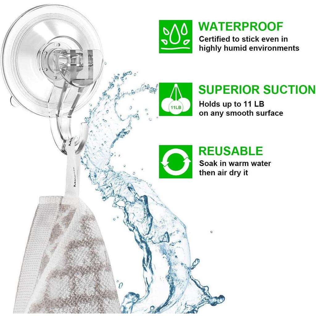 LUXEAR Suction Cup Hooks - 6 Pack Suction Hooks Reusable Powerful Waterproof - Clear Removable Sucti