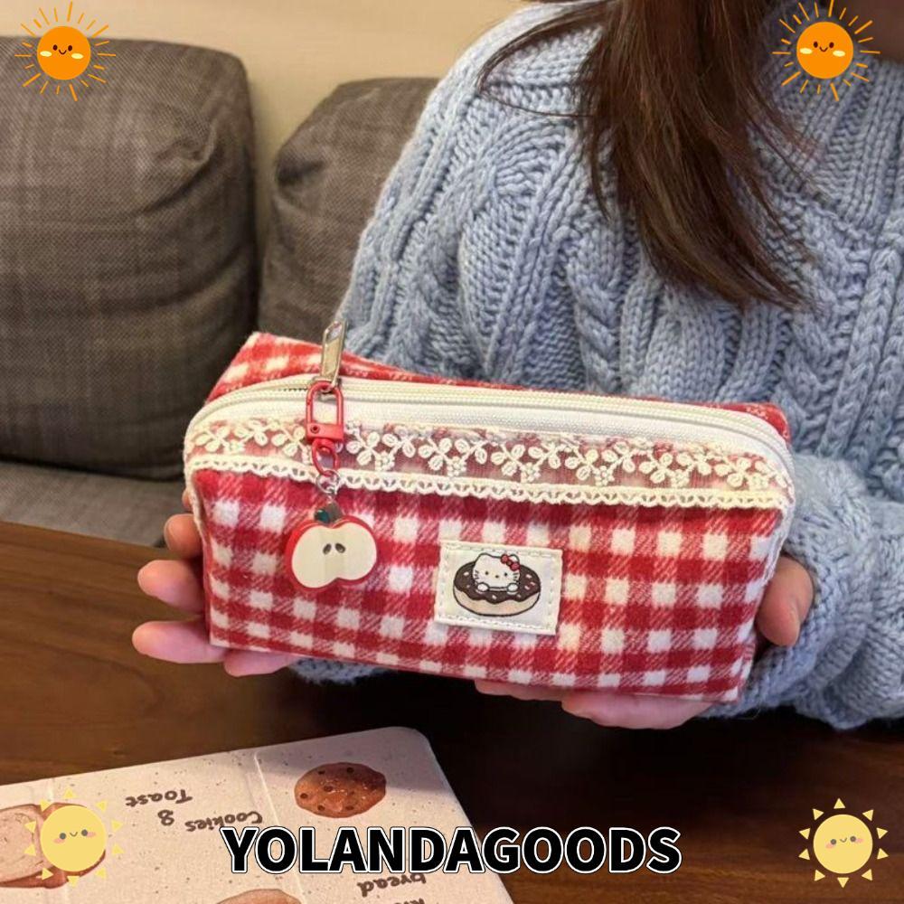 YOLANDAGOODS1 กระเป๋าใส่ปากกา ความจุขนาดใหญ่พร้อมดินสอ Pendent Cute Hello Kitty Cartoon Red Checkered Stationery Organizer Student