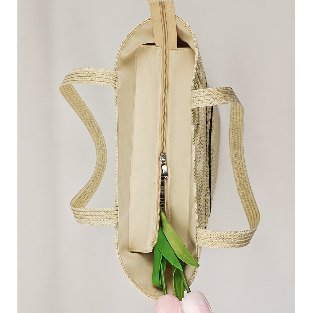 ชุดกระเป๋าผ้าทอทำด้วยมือ ไตล์วันหยุด กระเป๋าสานแฟชั่นแถบสีดำ พกพาสะดวก หมวกฟางชายหาดฤดูร้อนพับได้  ปีกใหญ่ ใช้งานได้หลากหลายโอกาส ไปทะเล - รูปที่ 6