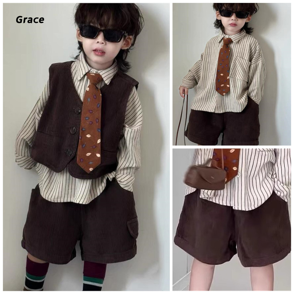 [Grace] (Ready Stock) Autumn Boy Suit Retro Corduroy Vest+เสื้อลายทาง+กางเกงขาสั้น Tie (ชุดสี่ชิ้น) 