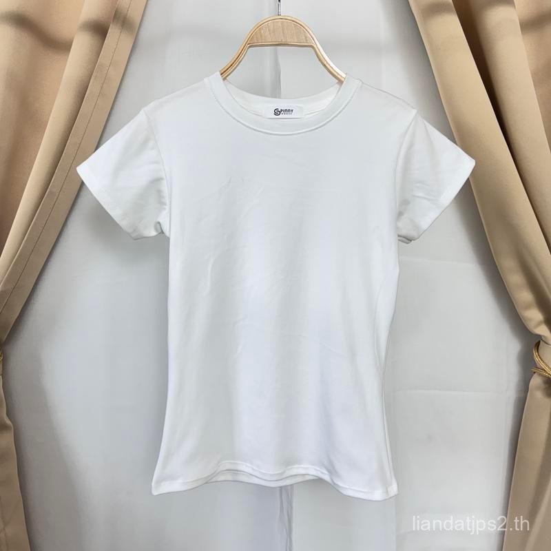 SpinnyHouse เสื้อยืดผู้หญิง ผ้ายูนิโค่ ทรงรัดรูป แขนสั้นรอบคอ ใส่แล้วดูผอมสุด ผ้ายืดตามตัว สาวอวบก็ใ