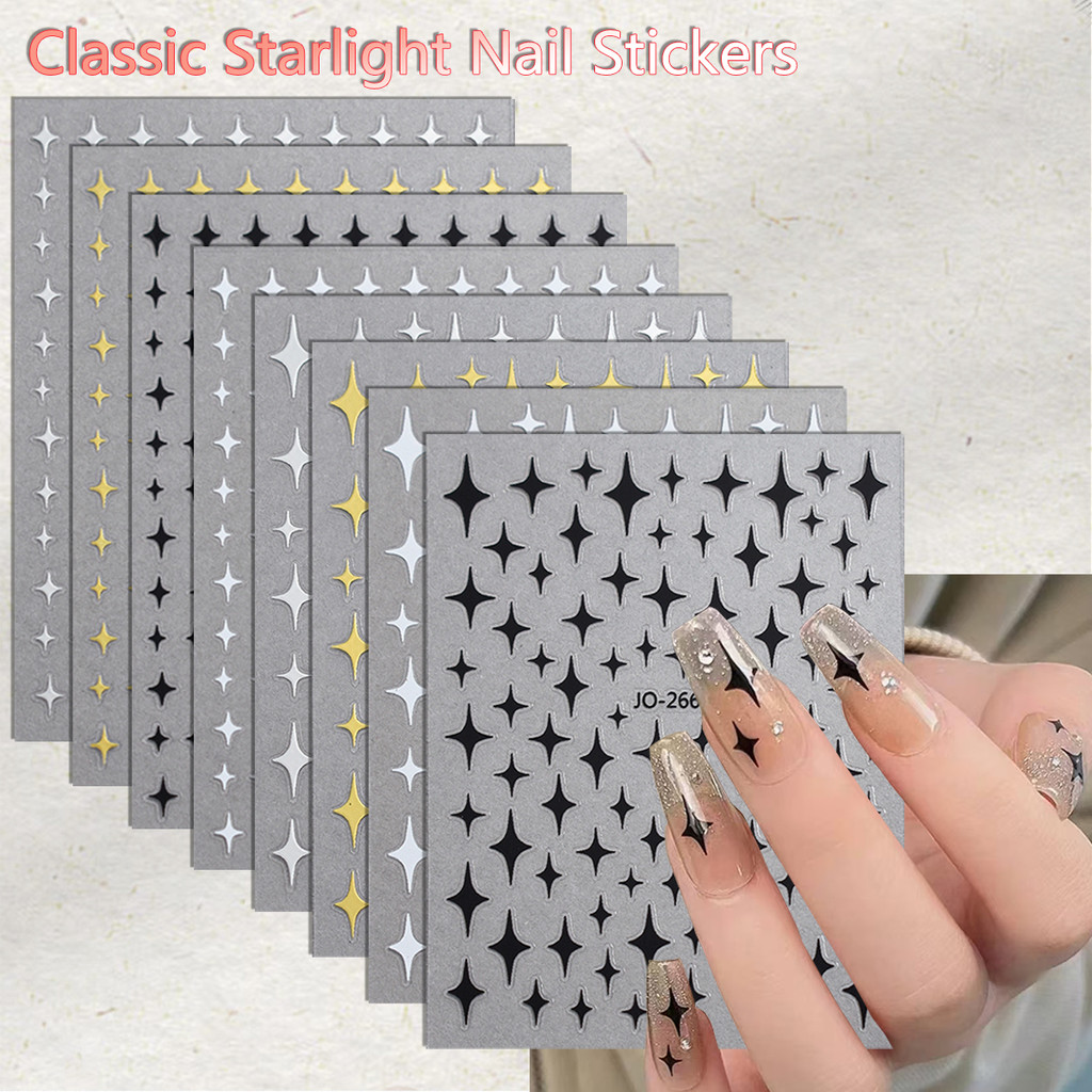 4/8 แผ่น 3D Star Nail Art สติกเกอร์สีดําสีขาวนูน Sparkle เล็บ Decals เงา Star สติ๊กเกอร์ติดเล็บสําหรับผู้หญิง DIY เล็บ