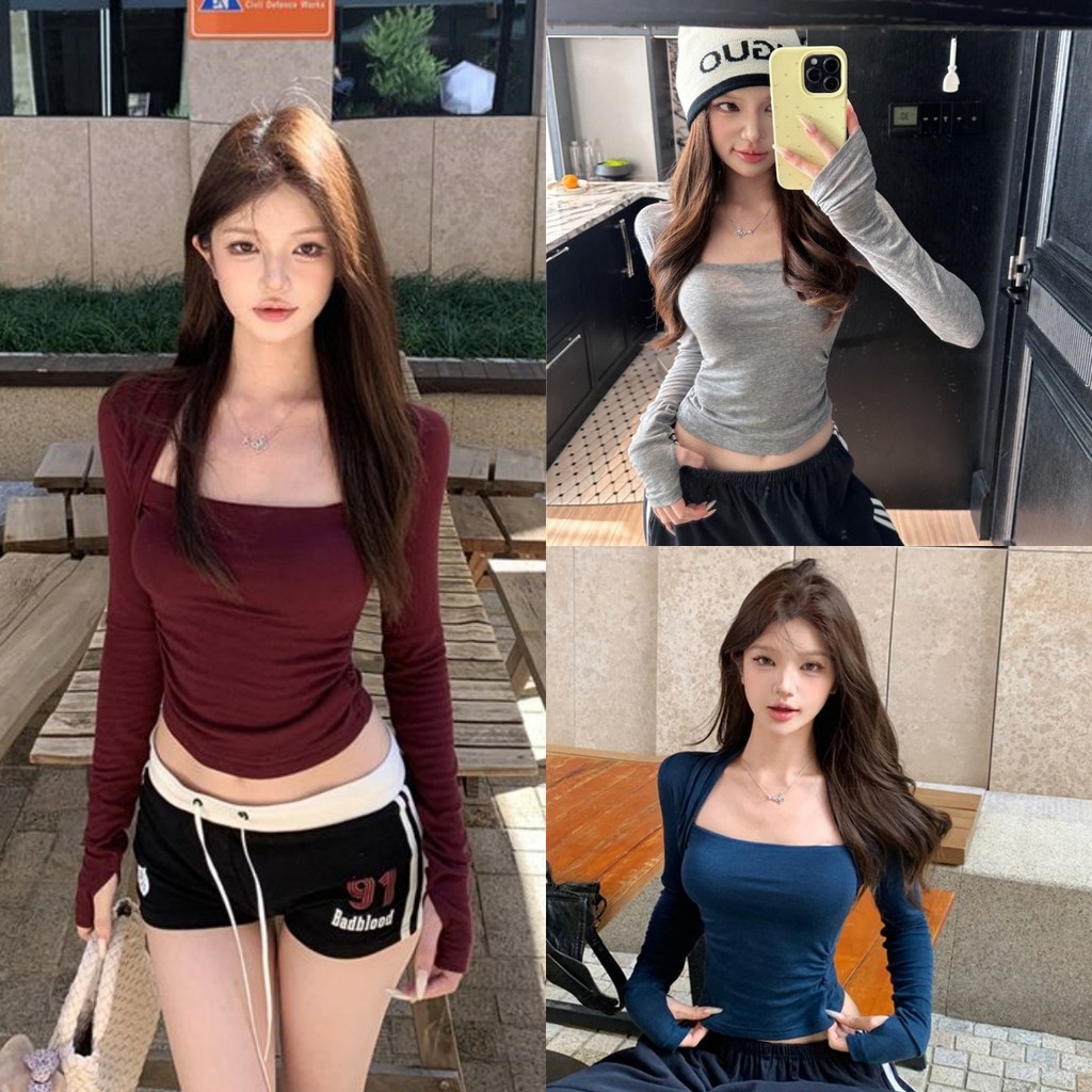 Bonnie เสื้อยืด สีพื้นผ้านุ่มนิ่ม คอเหลี่ยม ทรงรัดรูปเสริมฟองน้ำ เสื้อแขนยาว สไตล์เกาหลี แฟชั่น พร้อมส่ง