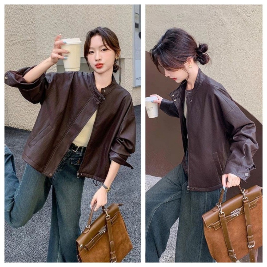 Bekey แจ็คเก็ตหนังสั้นสไตล์เกาหลีสำหรับผู้หญิง แจ็คเก็ตมอเตอร์ไซค์ทรงหลวมแฟชั่นหล่อๆ