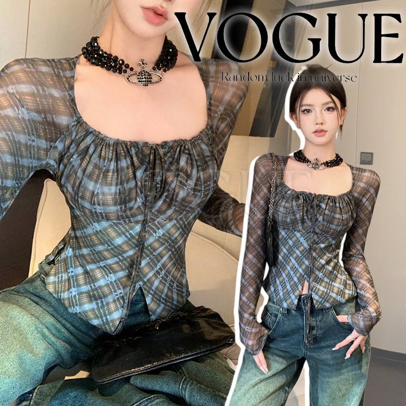 Vogue🌟พร้อมส่ง🌟 เสื้อแขนยาว ลายสก็อตสีเขียวยืดตามตัว ผ้าซีทรูบางเบา (FY5059#1)