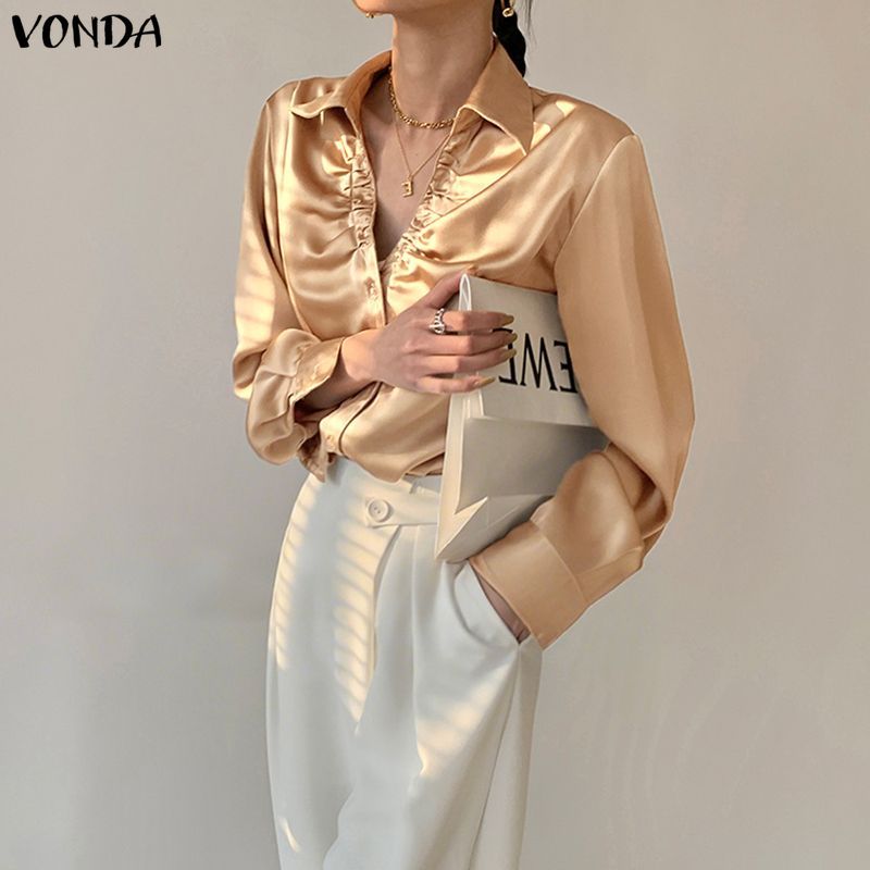 VONDA ผู้หญิงเกาหลีลําลองปกจีบ Silky ซาตินแขนยาวเหมาะกับทํางานเสื้อเชิ้ตสํานักงาน — صورة 6