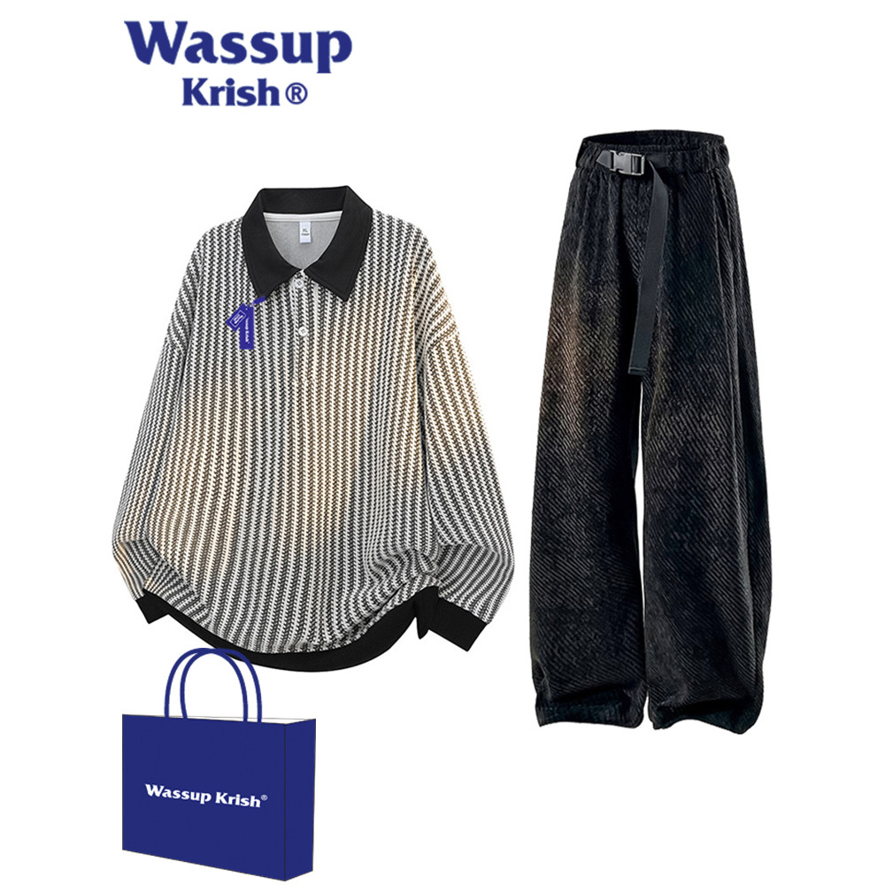 WASSUP KRISH ลายทางปกปลอมสองชิ้นสูทผู้ชายฤดูใบไม้ร่วงเสื้อกันหนาวกางเกงวัยรุ่นสวมใส่ทั้งชุด