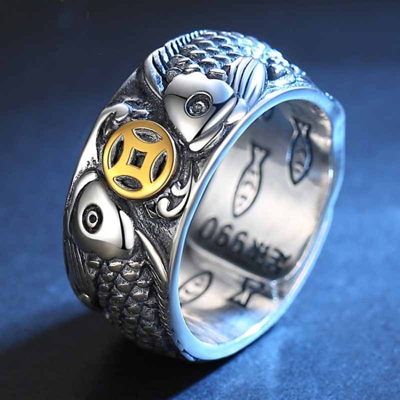 Hot Sale#Chiba Thai Silver Golden Arowana Copper Coin Thai Silver Ring Men's Open Ring Lucky Fortune