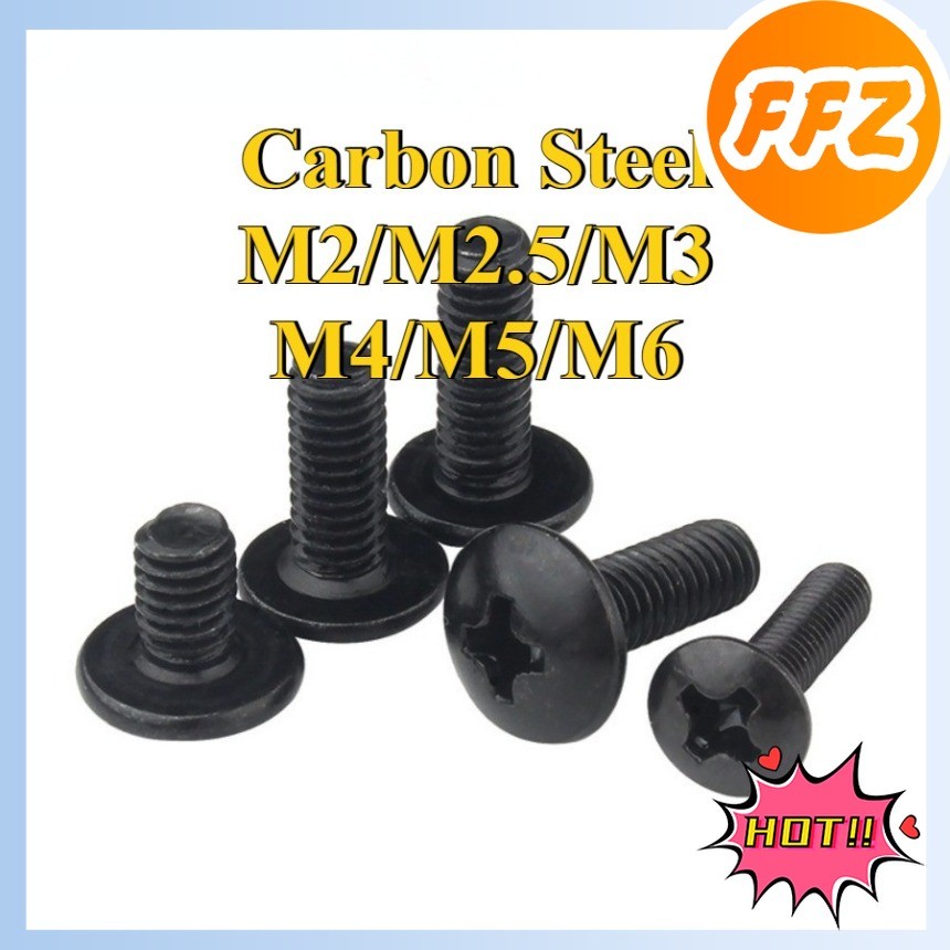 สีดําขนาดใหญ่หัวแบนข้ามสกรูหัวร่มกึ่งรอบหัวสกรูหัวเห็ดเครื่องแบนขนาดใหญ่M2/M2.5/M3/M4/M5/M6*L3-50 มม