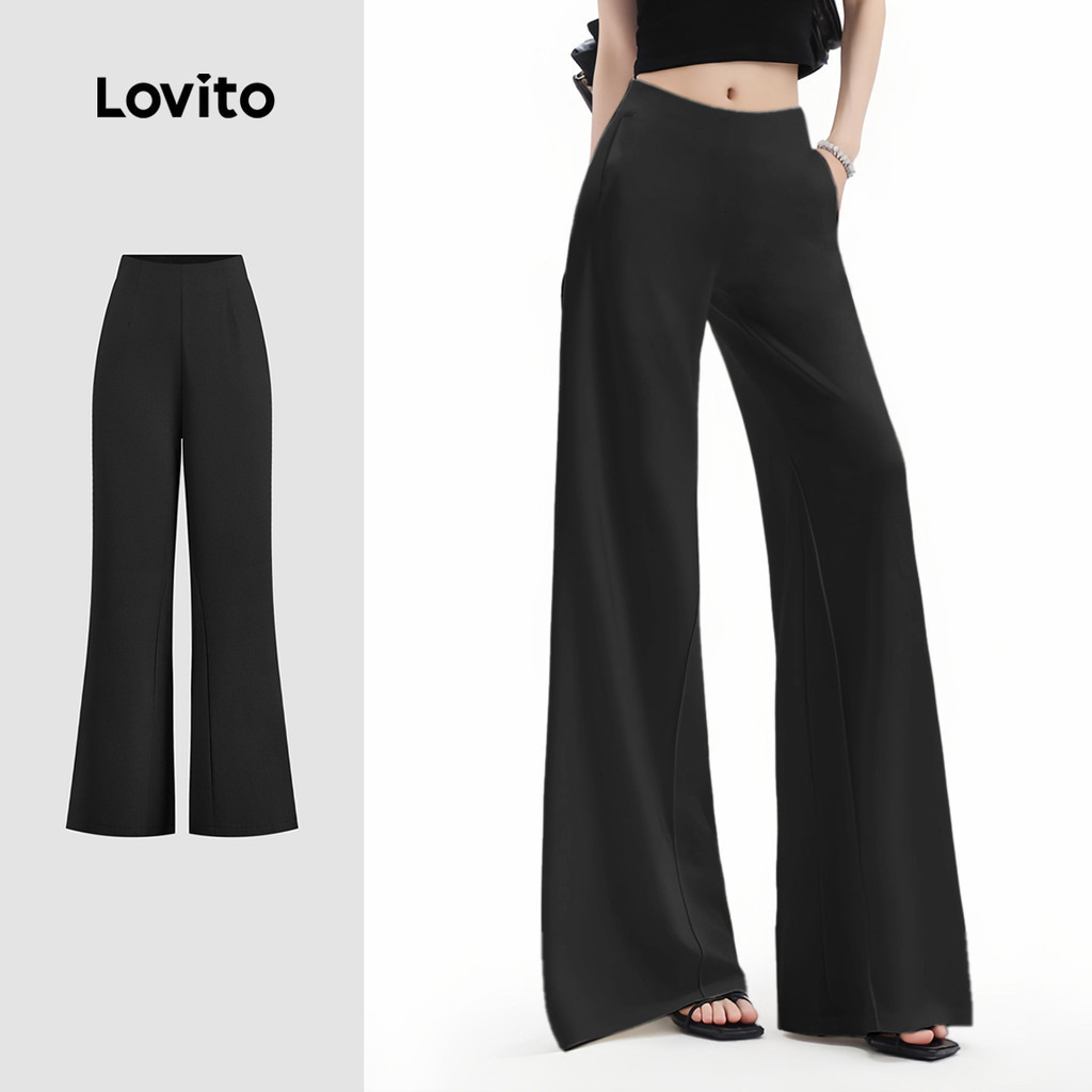 Lovito กางเกงแพนต์จ์แบบสบาย กระเป๋ากางเกงตลอดปี สีดำ สำหรับผู้หญิง L142ED283