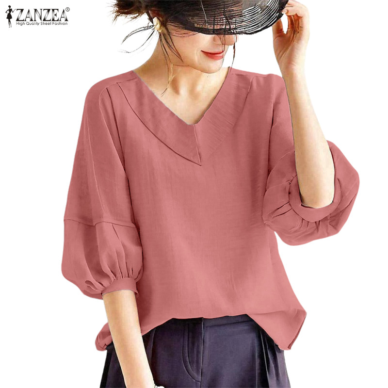 ZANZEA เสื้อเชิ๊ตผู้หญิง สไตล์เกาหลีหรูหรา ปกV กระดุมหกเม็ด แขนสั้น ทรงคลาย