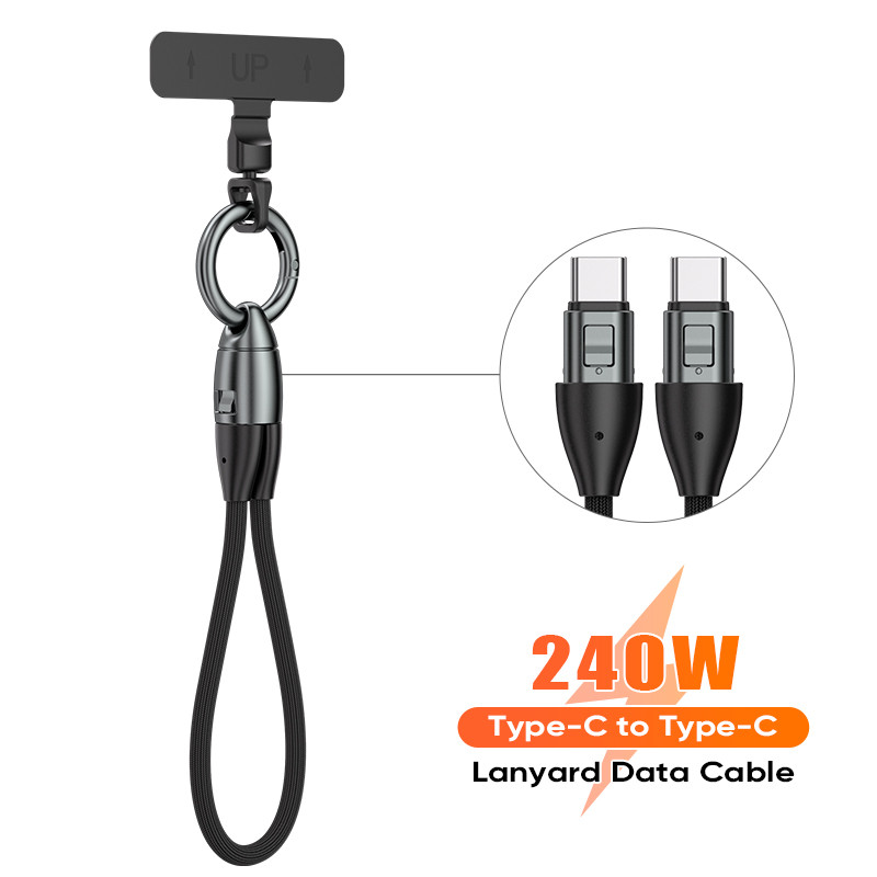 PD240W พวงกุญแจสายชาร์จเร็ว 2 in 1 - ที่ชาร์จจี้แบบพกพาสําหรับโทรศัพท์ Android, สายเชือกเส้นเล็กถักทนทาน Type C ถึง C คอ