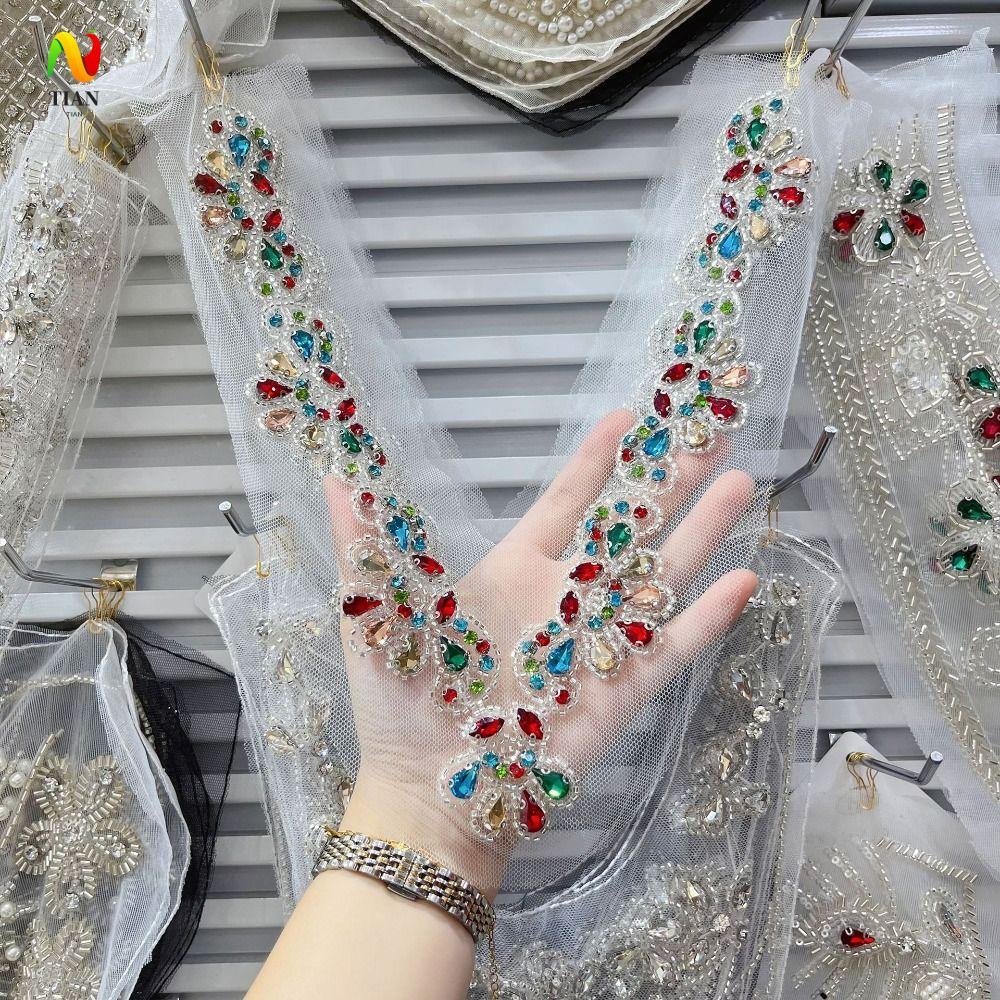 INQUIRY IMPACT ลูกไม้ Neckline, Rhinestone V คอลูกไม้, Elegant DIY Craft ลูกปัด Neckline เครื่องแต่ง