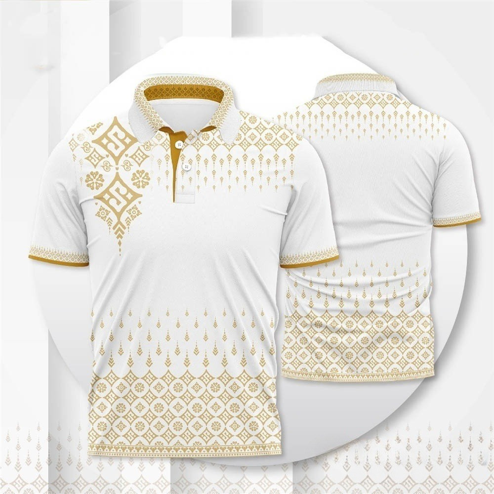 เสื้อโปโลแขนสั้นพิมพ์ลายไทย สไตล์มินิมอล เหมาะสำหรับทั้งชายและหญิง ใส่ได้ทั้งแฟชั่นและลำลองในฤดูร้อน