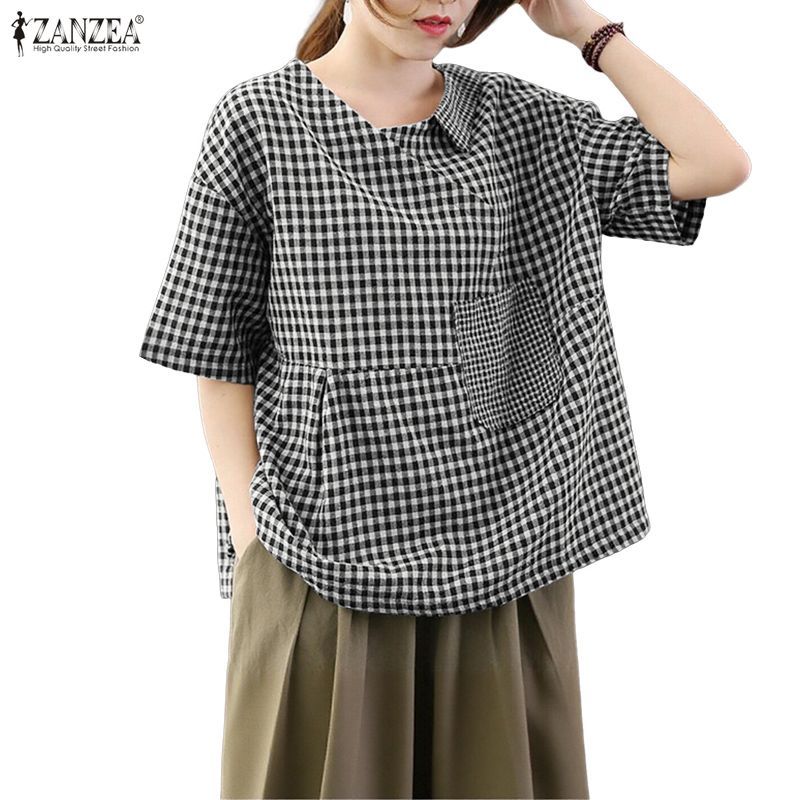 ZANZEA ผู้หญิงเกาหลีวินเทจคลาสสิกปก V คอกลางแขนกระเป๋า Splic Checkered เสื้อเบลาส์