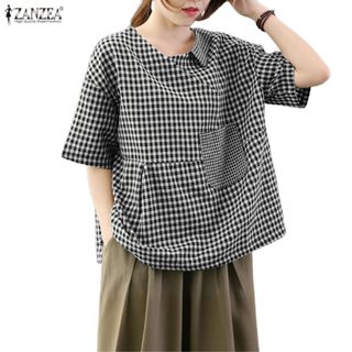 ZANZEA ผู้หญิงเกาหลีวินเทจคลาสสิกปก V คอกลางแขนกระเป๋า Splic…