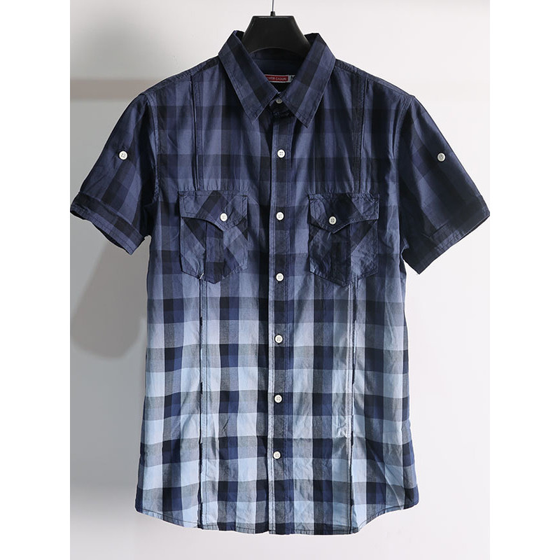 เสื้อลายขอ gq เสื้อเชิ้ต เสื้อเชิ้ตคอตตอนลายสก๊อตผู้ชายไล่ระดับสีเสื้อคอปกแขนสั้นเสื้อลำลองหลายกระเป