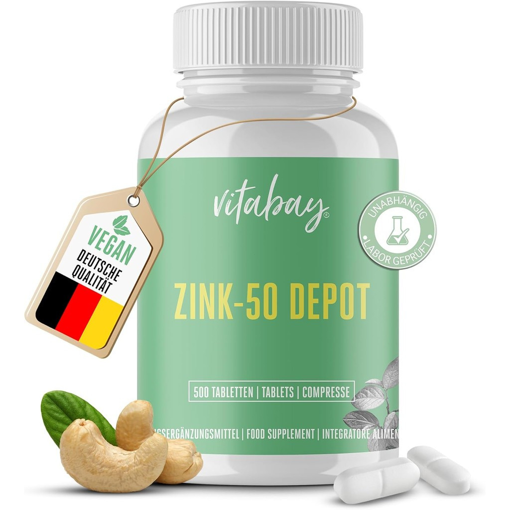 Vitabay Zink Hochdosiert 50mg - 500 Vegane Zink Tabletten Hochdosisert (alle 2 Tage eine Tablette) -