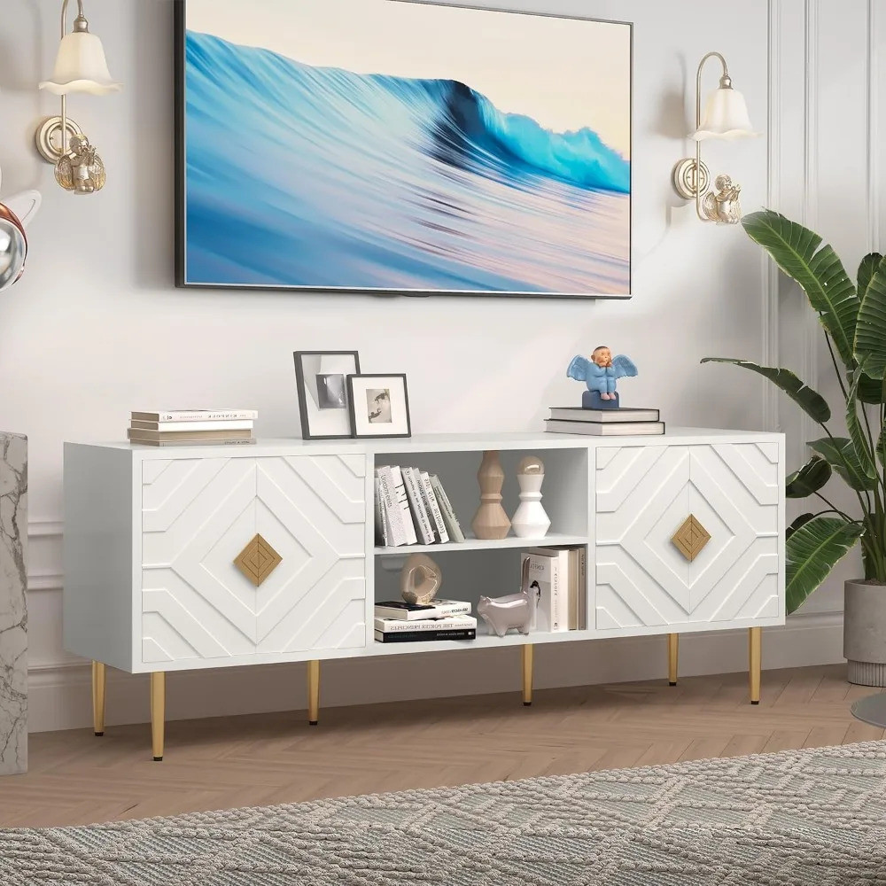 Mid Century Modern Media Tv Console Table สําหรับห้องนั่งเล่น, ศูนย์ความบันเทิงพร้อมตู้เก็บของและ Pa