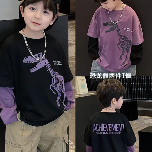 เสื้อยืดเด็กผู้ชาย 2025 ลายไดโนเสาร์แขนยาว สวมใส่ง่ายสำหรับวันหยุด