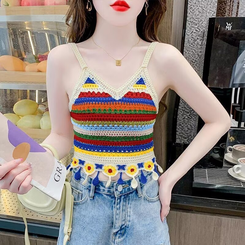พร้อมส่ง เสื้อครอปไหมพรมถัก พร้อมเชือกถักสายแขน  น่ารัก