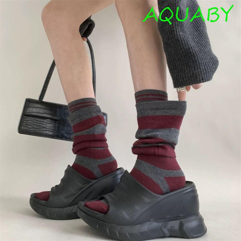 AQUABY 4 คู่ Ruffle Stripe Stocking, ดีไซน์_patchwork_ลายหลวม, สวมใส่สบายทุกวัน