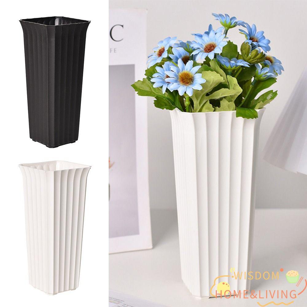 วิสโดม แจกันดอกไม้,พลาสติกสีดําสีขาวนอร์ดิกแจกันตกแต่งความเรียบง่ายลายเส้นแนวตั้งออกแบบกระถางต้นไม้ร้านดอกไม้อุปกรณ์ทําสวน