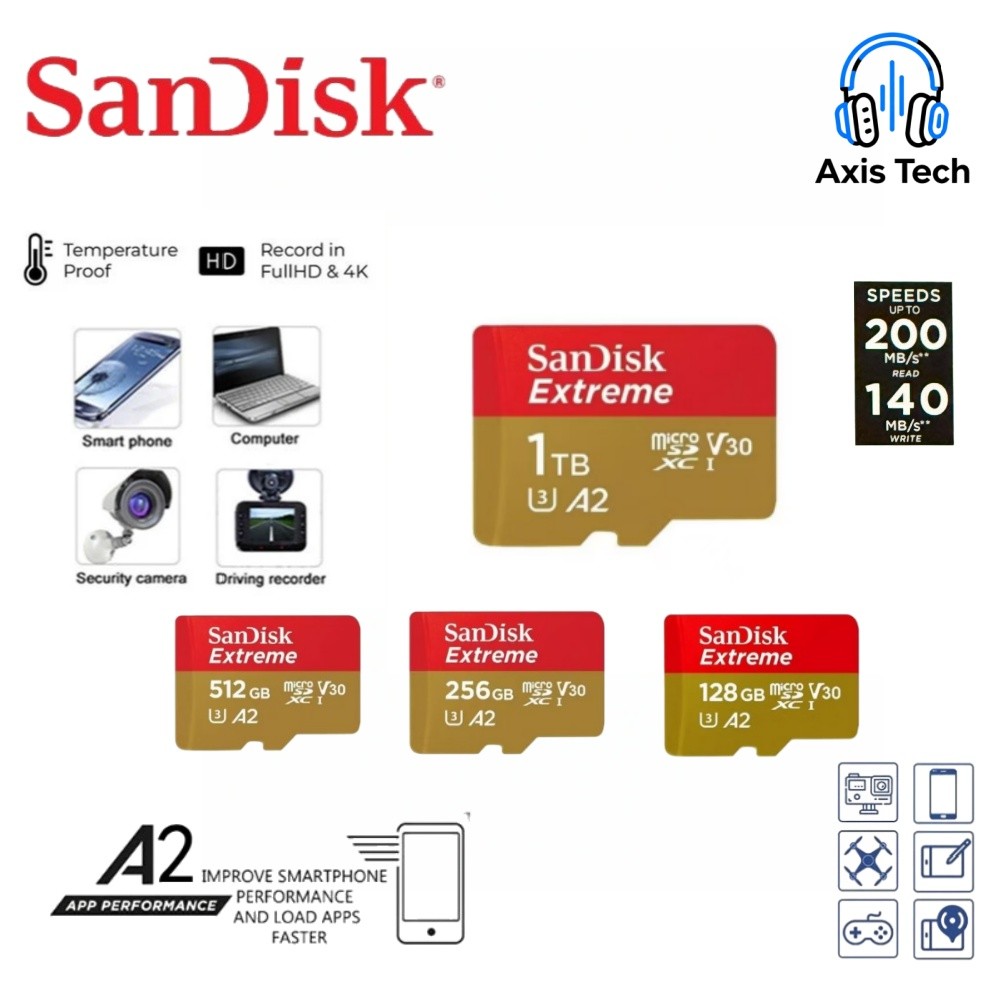 Sandisk Extreme Up To 200MB/S MicroSD Card A2 Class 10 (128GB/256GB/512GB/1TB)